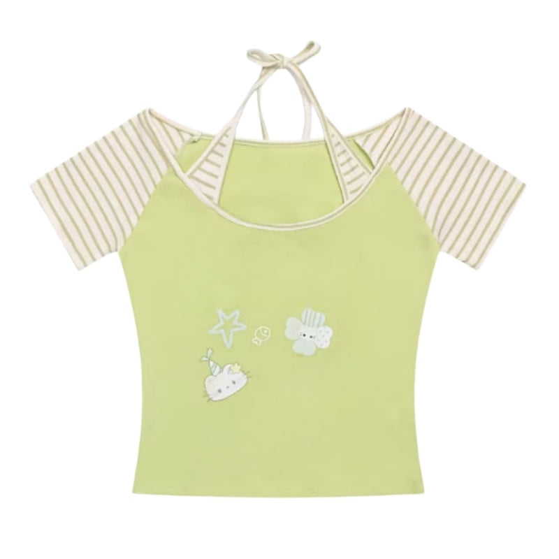 Striped Patchwork Halter Green T-Shirt