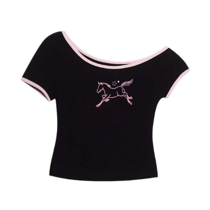 Pink & Black T-Shirt with Pony Graphic