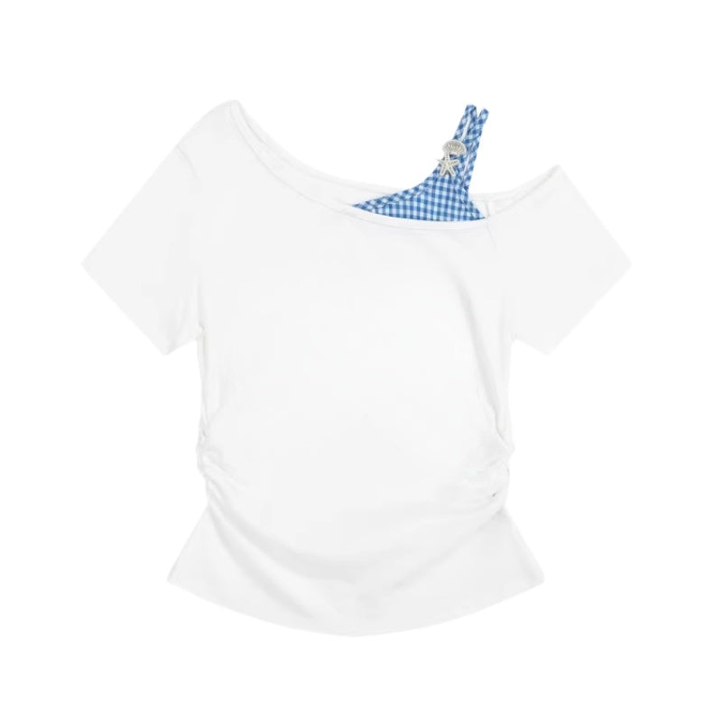 Blue Plaid Waist-Cinched T-Shirt