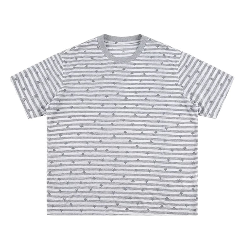Grey Striped T-Shirt with Star Print